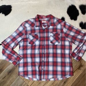 Wrangler Men's Western Red Plaid Button Down Long Sleeve Shirt